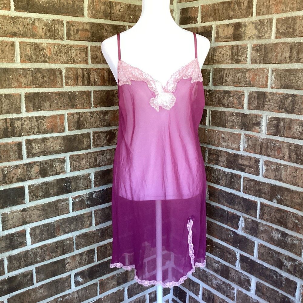 Victorias Secret Slip Gown Plum Purple Sheer Pink Lace Trim Size Large